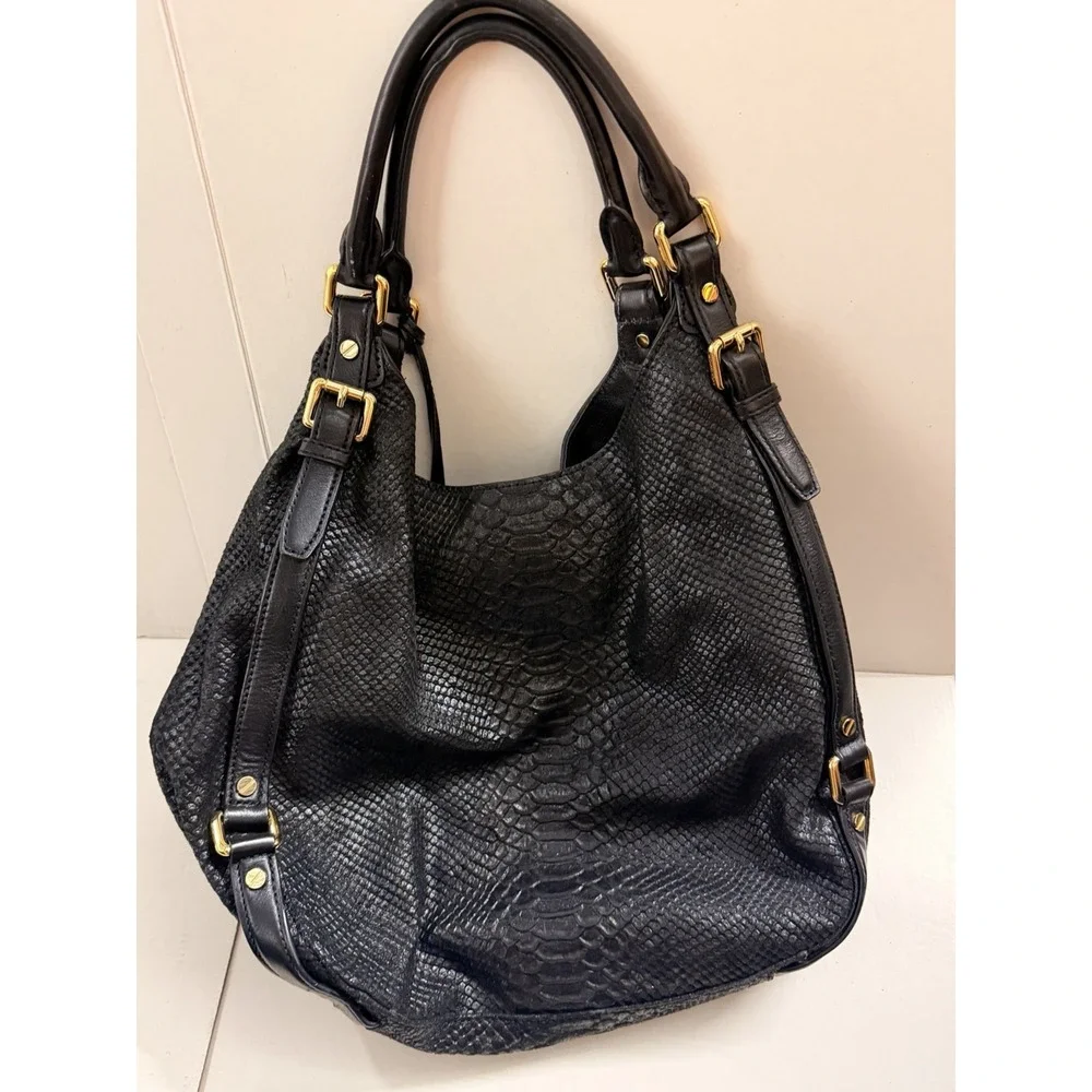 MICHAEL KORS Black Python Snake Embossed Leather Hobo Shoulder Bag MK Charm